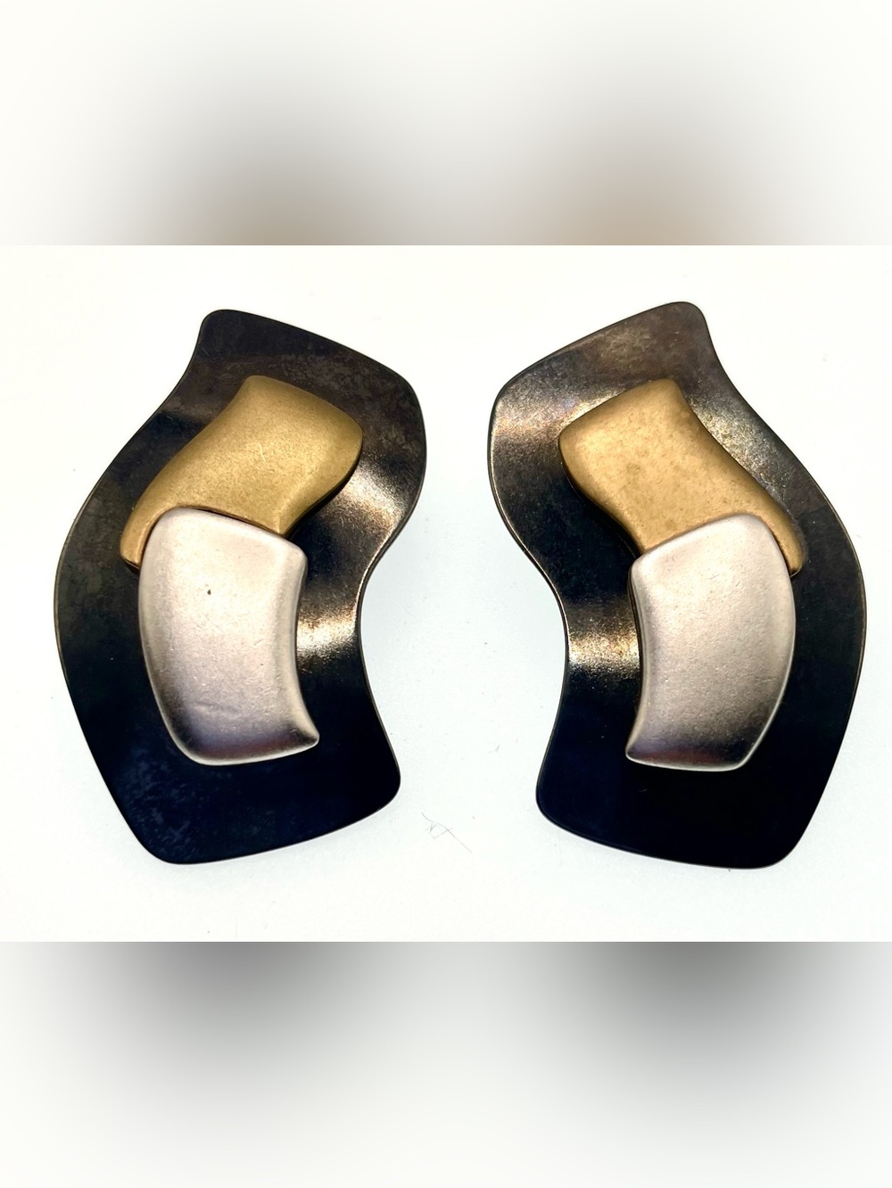 Vintage 1990s Sculptural Mixed Metal Statement Earrings 2” Gunmetal Gold Silver